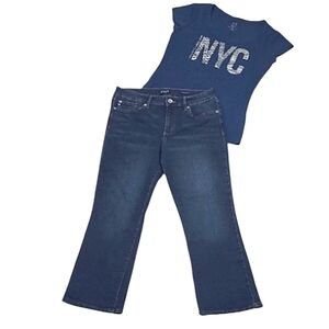 Chaps Crop Kick Jeans Mid Rise Flare Leg Ankle Short Whiskered Worn Dark Wash